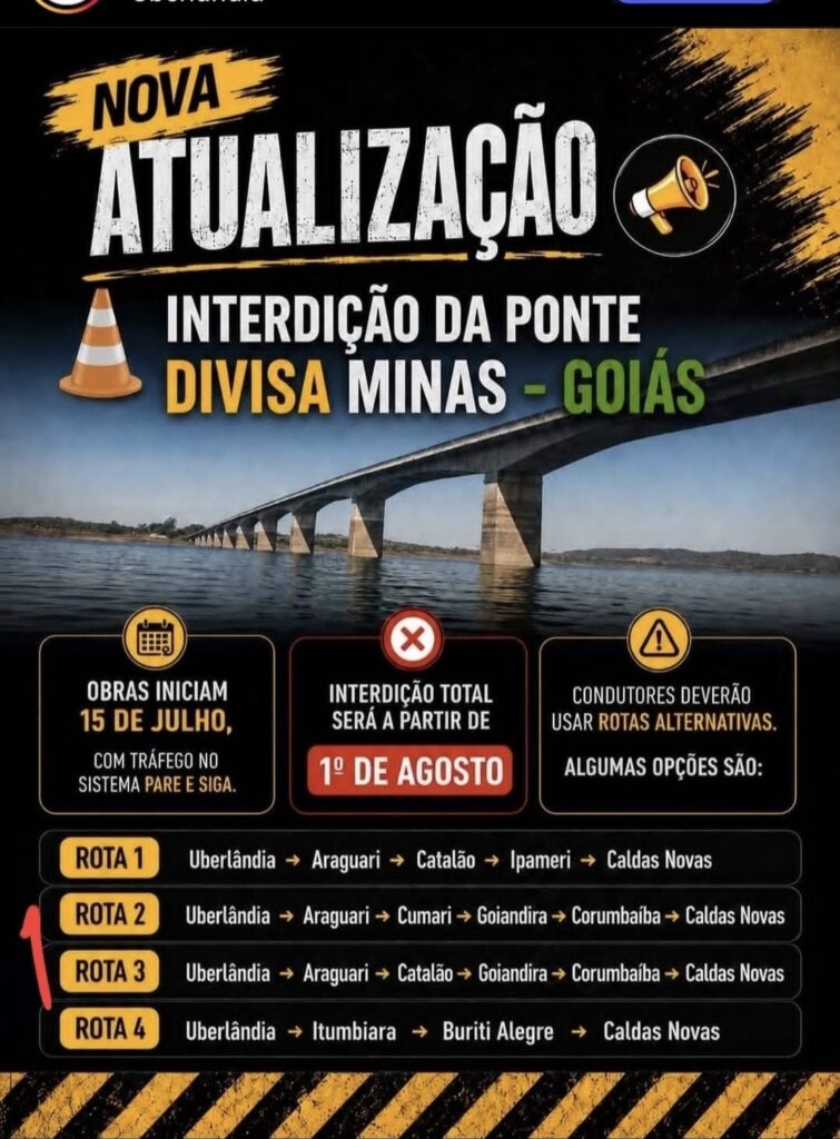 Interdição da ponte entre Minas Gerais e Goiás altera tráfego e exige rotas alternativas a partir de agosto